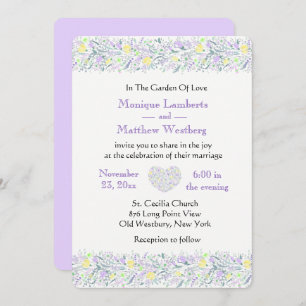 Invitation Fleurs et coeurs de mariage floraux violets et jau