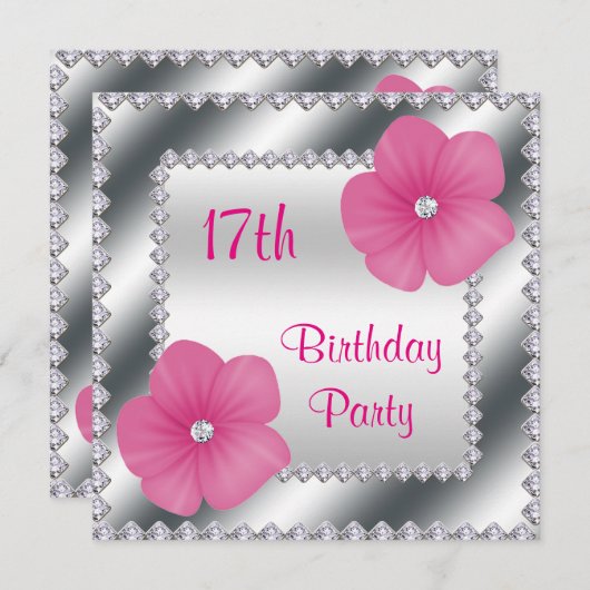 Invitation Fleurs et diamants roses 17e anniversaire (Devant / Derrière)