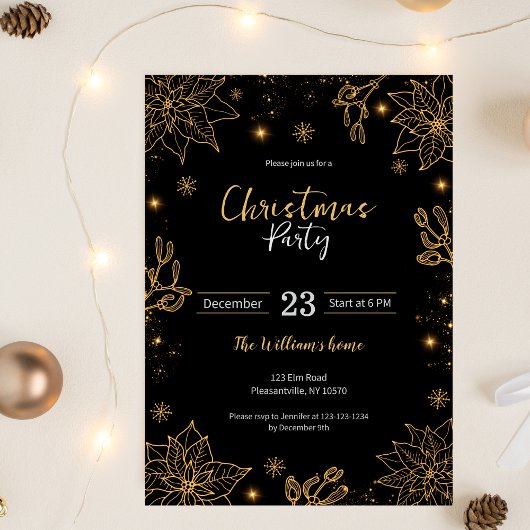 Invitation Fleurs et étoiles de Noël | Noir & Or