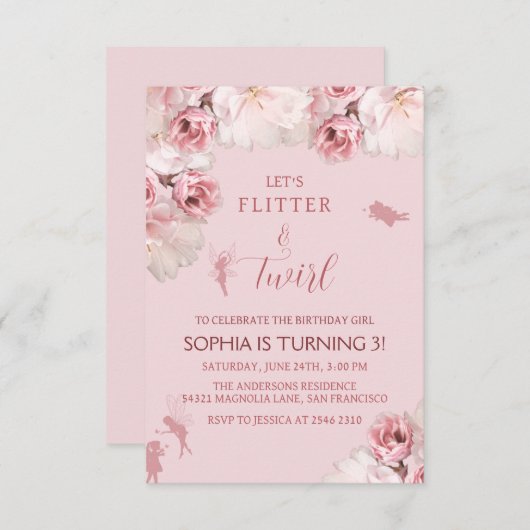 Invitation Fleurs et Fée Anniversaire (Devant / Derrière)