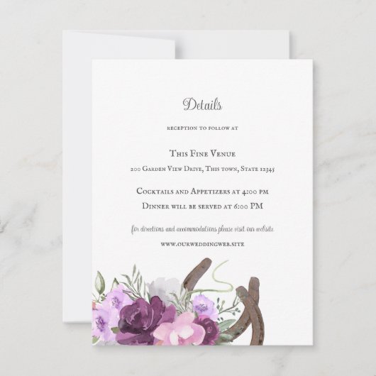 Invitation Fleurs et fer à cheval rustiques violet (Devant)