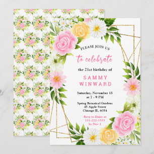 Invitation Fleurs et feuillage roses et jaunes d'été