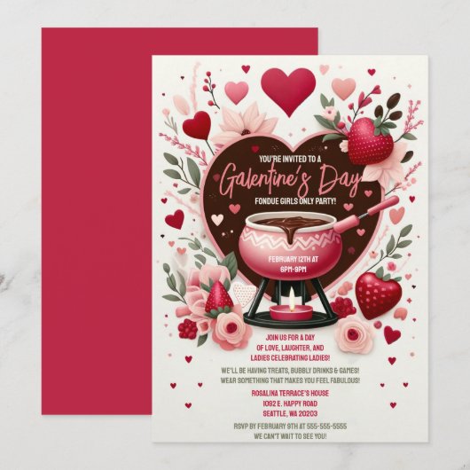 Invitation Fleurs et fraises La fête des fondues de Galentine (Devant / Derrière)
