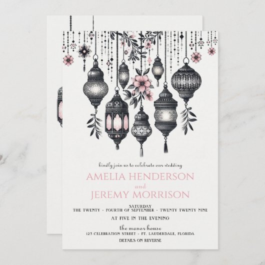 Invitation Fleurs et lanternes roses Détails Mariage (Devant / Derrière)