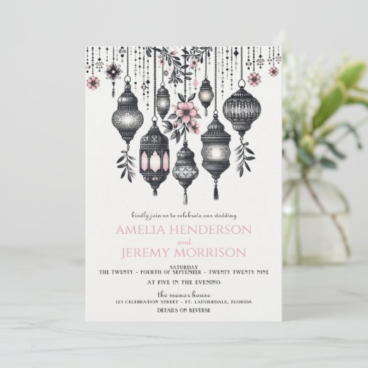 Invitation Fleurs et lanternes roses QR Code Mariage (Debout devant)