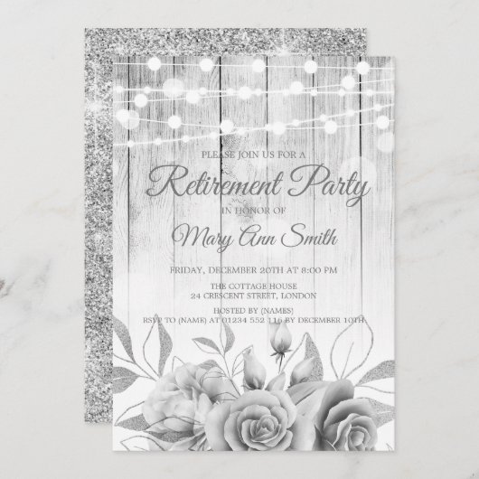 Invitation Fleurs et lumières d'argent Parti de la retraite r (Devant / Derrière)