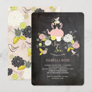 Invitation Fleurs et oiseaux sur tableau noir : Sip And See B