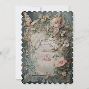 Invitation Fleurs et papillons bleus et roses victoriens
