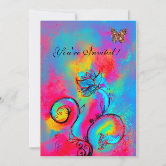 Invitation FLEURS ET PAPILLONS fantaisistes rose bleu jaune (Devant)