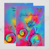 Invitation FLEURS ET PAPILLONS fantaisistes rose bleu jaune (Devant / Derrière)