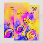 Invitation FLEURS ET PAPILLONS fantaisistes violet jaune rose (Devant / Derrière)