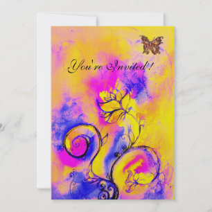 Invitation FLEURS ET PAPILLONS fantaisistes violet jaune rose