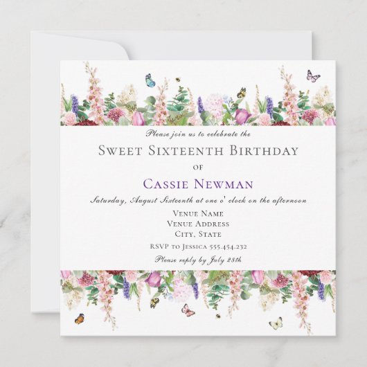 Invitation Fleurs et papillons roses | Carré 16e anniversaire (Devant)