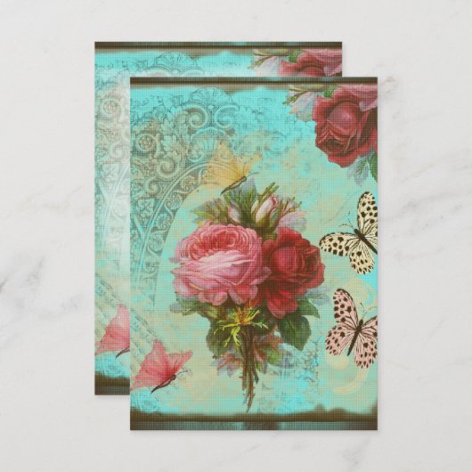 Invitation fleurs et papillons vintage en (Devant / Derrière)