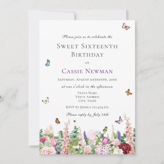 Invitation Fleurs et papillons violets roses | 16e anniversai (Devant)