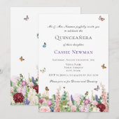 Invitation Fleurs et papillons violets roses | Quinceañera (Devant / Derrière)