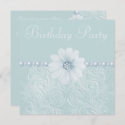 Invitation Fleurs et perles bleues Vintages (Devant / Derrière)