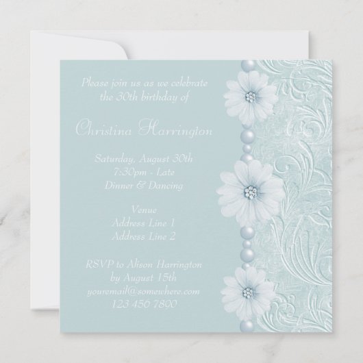 Invitation Fleurs et perles bleues Vintages (Dos)