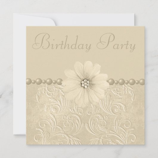 Invitation Fleurs et perles Vintages de fête d'anniversaire (Devant)