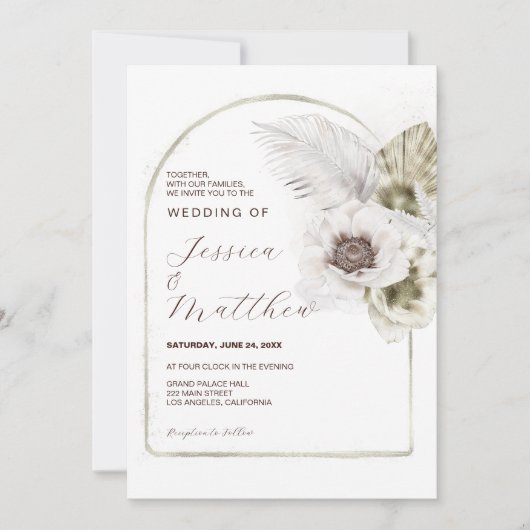Invitation Fleurs et plumes blanches Mariage (Devant)