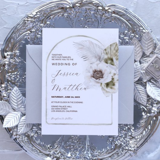 Invitation Fleurs et plumes blanches Mariage