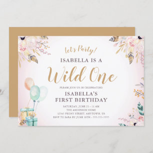 Invitation Fleurs et plumes Wild One Girl's 1st Birthday