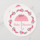 Invitation Fleurs et points de parapluies roses, Baby shower  (Devant / Derrière)