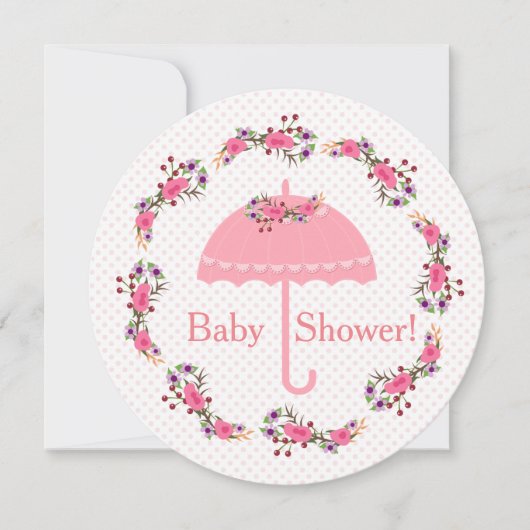 Invitation Fleurs et points de parapluies roses, Baby shower  (Devant)