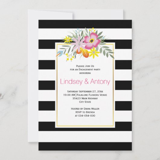 Invitation Fleurs et rayures de folklore rose (Devant)