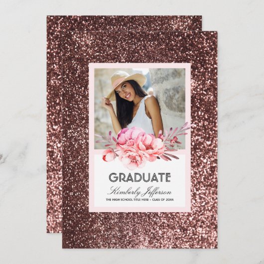 Invitation Fleurs et Rose Parties scintillant d'or (Devant / Derrière)