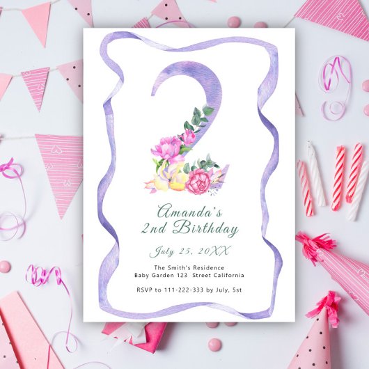 Invitation Fleurs et ruban numéro 2e anniversaire
