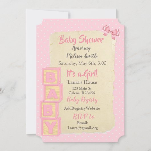Invitation Fleurs et rubans roses Baby Shower pour bébé fille (Devant)