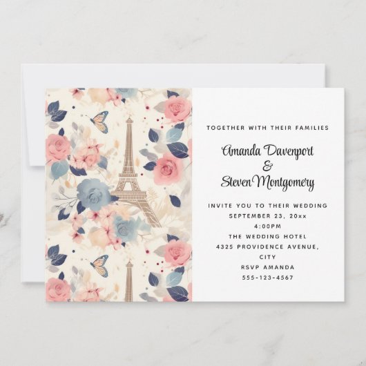 Invitation Fleurs et Tour Eiffel Paris Motif Mariage (Devant)