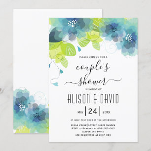 Invitation Fleurs éthérées bleues turquoises mariage couple d