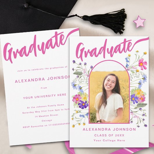 Invitation Fleurs Étudiante Photo Rose Script Fête de Remise