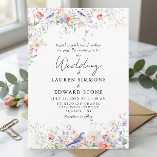 Invitation Fleurs Fantaisistes et Oiseaux Bleus Aquarelle de