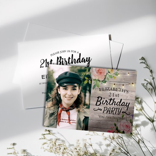 Invitation Fleurs Fête Anniversaire Bois Chaîne Lumières Phot