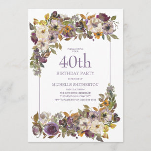 Invitation Fleurs Feuillage Jaune Ivoire Violet 40e Anniversa