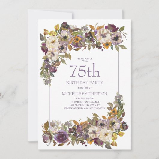 Invitation Fleurs Feuillage Jaune Ivoire Violet 75e Anniversa (Devant)