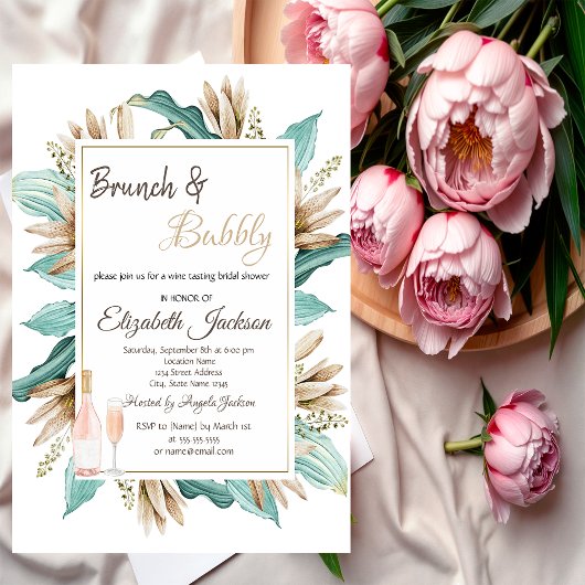 Invitation Fleurs Feuille Brunch & Fête des mariées Bubbly
