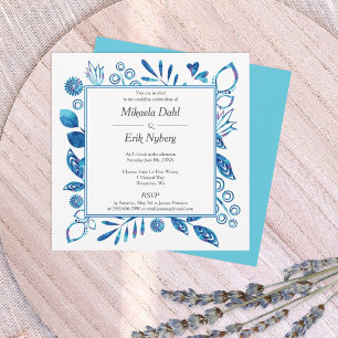 Invitation Fleurs Feuilles Cœurs Bleus et Turquoise