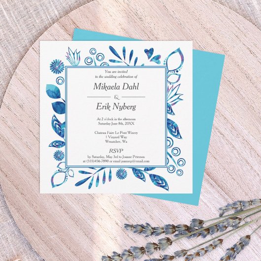 Invitation Fleurs Feuilles Cœurs Bleus et Turquoise