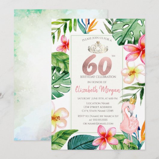 Invitation Fleurs Feuilles de palme tropicale Flamant rose ro (Devant / Derrière)