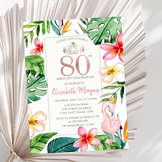 Invitation Fleurs Feuilles de palme tropicale Flamant rose ro