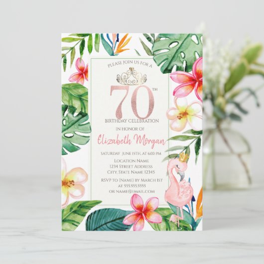 Invitation Fleurs Feuilles de palme tropicale Flamant rose ro (Debout devant)