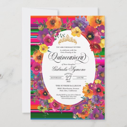 Invitation Fleurs Fiesta Lumineuses Serape Stripe Quinceanera (Devant)