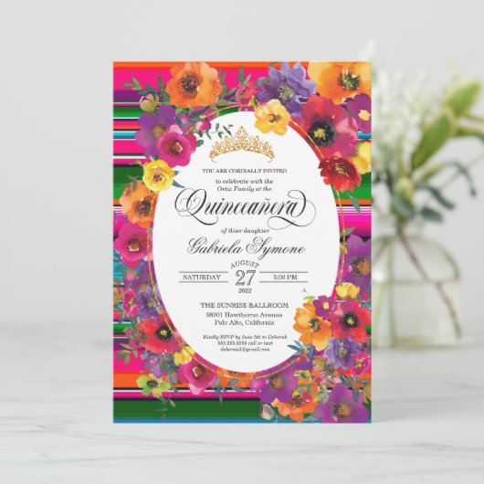 Invitation Fleurs Fiesta Lumineuses Serape Stripe Quinceanera (Debout devant)