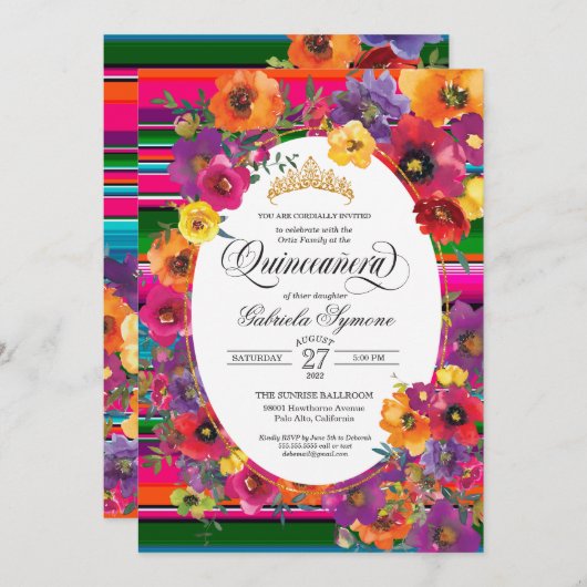 Invitation Fleurs Fiesta Lumineuses Serape Stripe Quinceanera (Devant / Derrière)