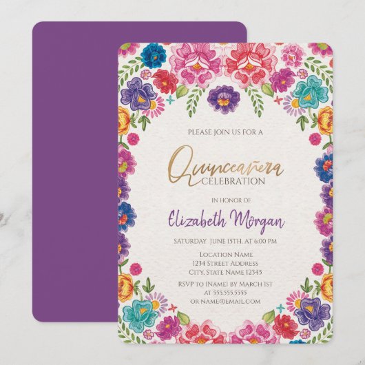 Invitation Fleurs Fiesta mexicaines Quinceañera (Devant / Derrière)