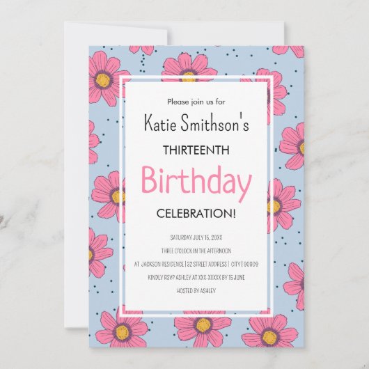 Invitation Fleurs Filles mignonnes Pastel Rose & Bleu Anniver (Devant)